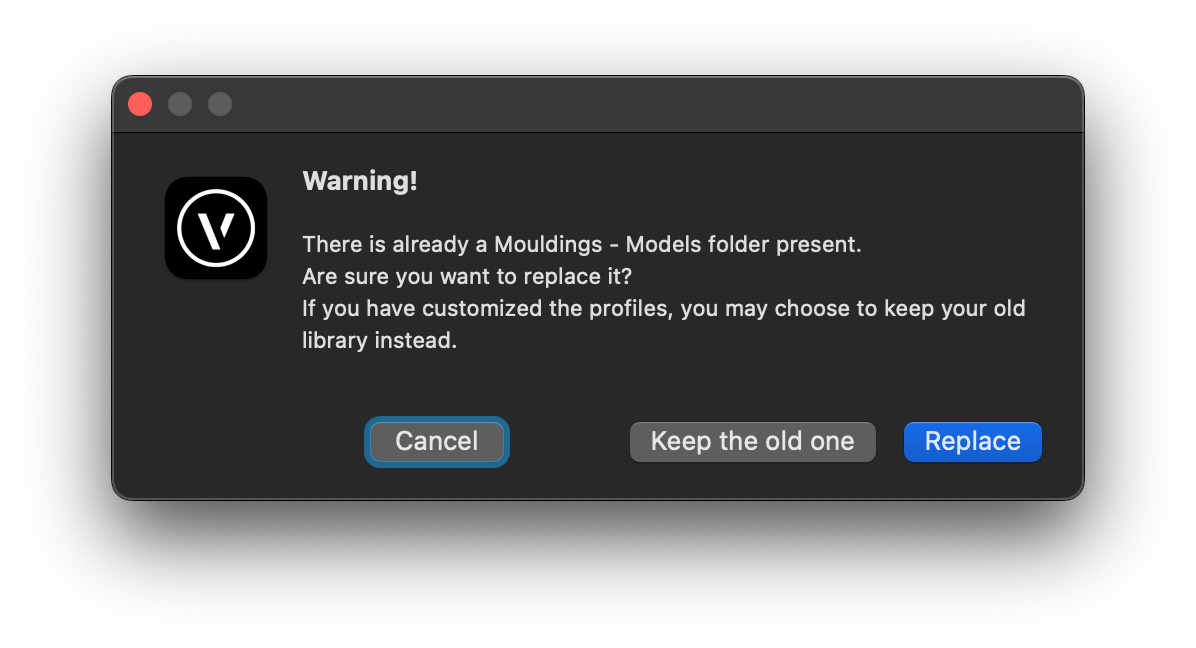 Mouldings Install Warning existing libraries