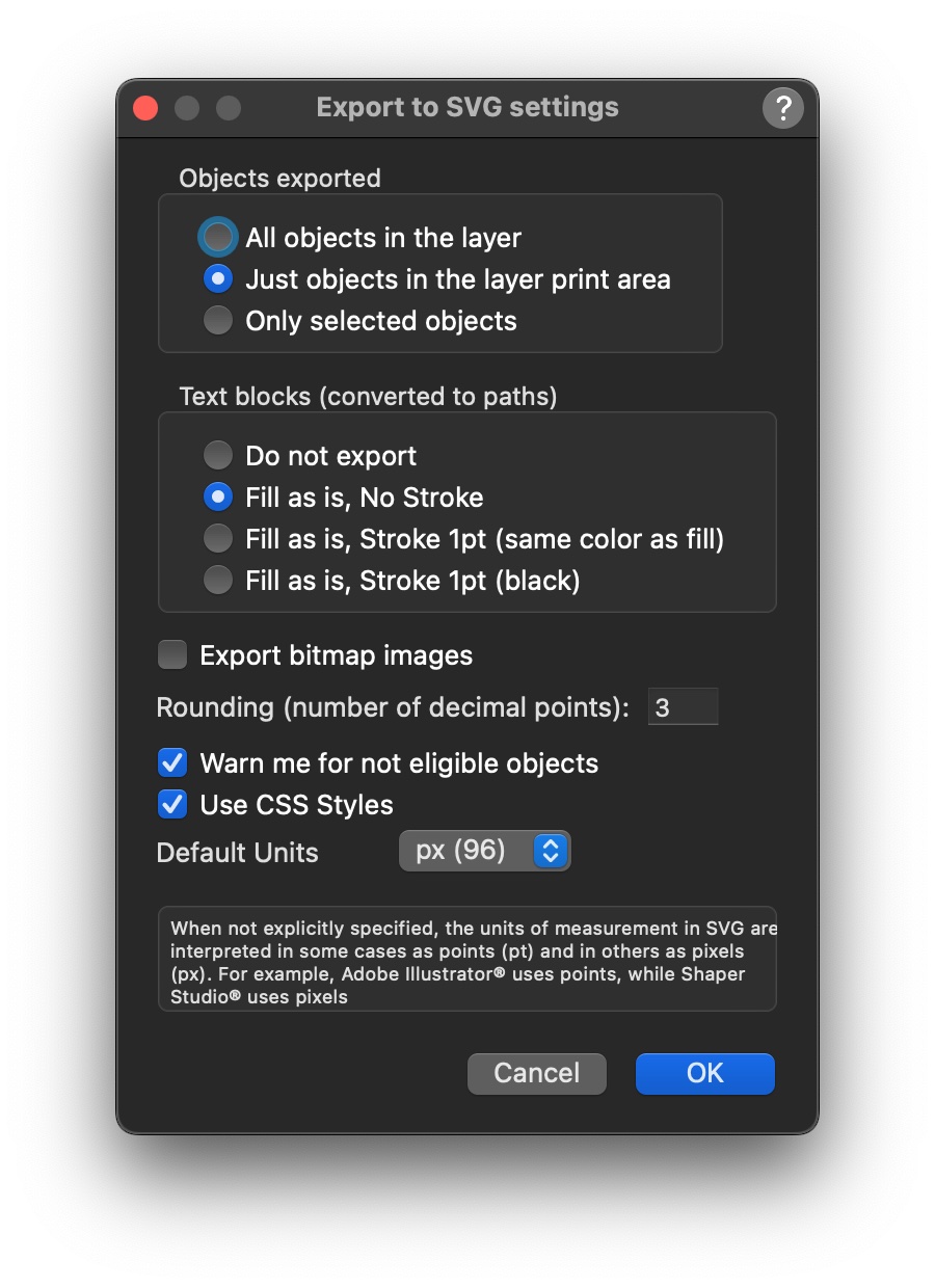 export to SVG settings dialog