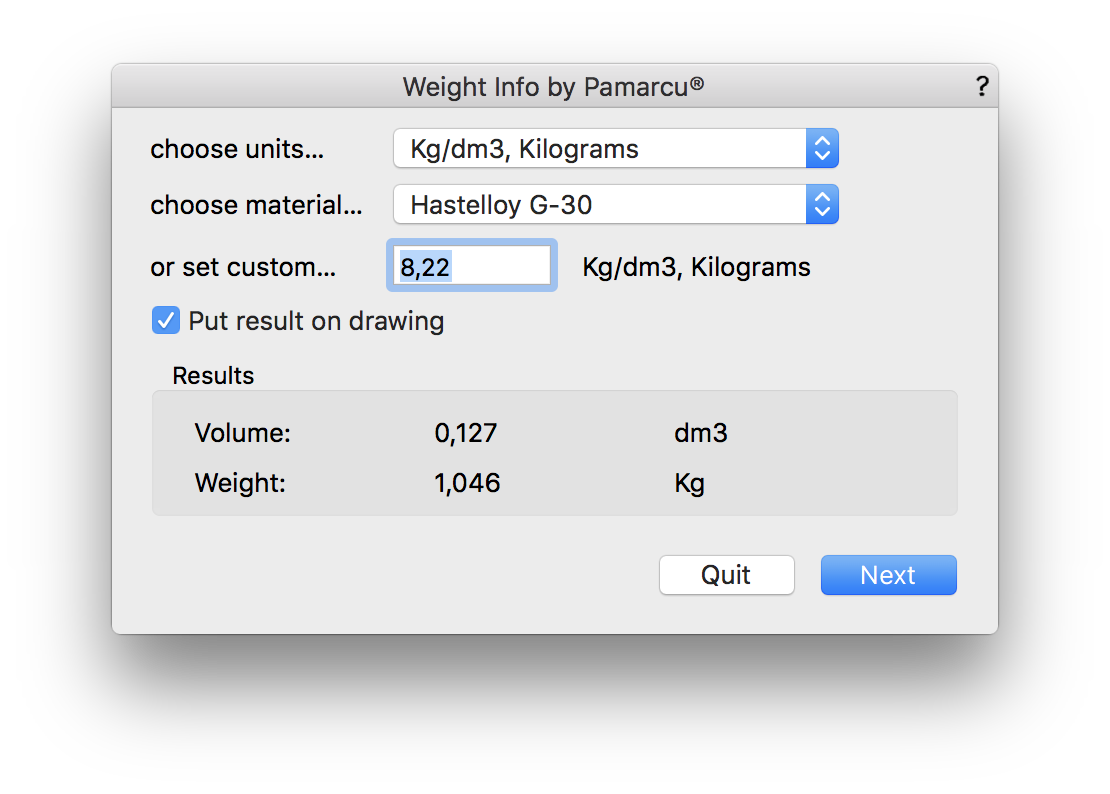 Weight Info Choices Dialog